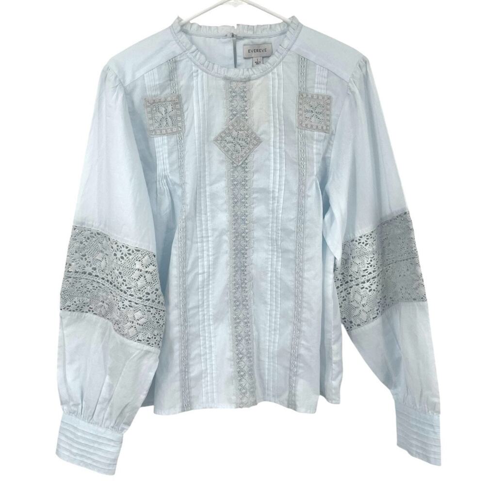 Evereve Maeve Eyelet Blouse Light Blue Crochet Lace Cotton Women Large NEW